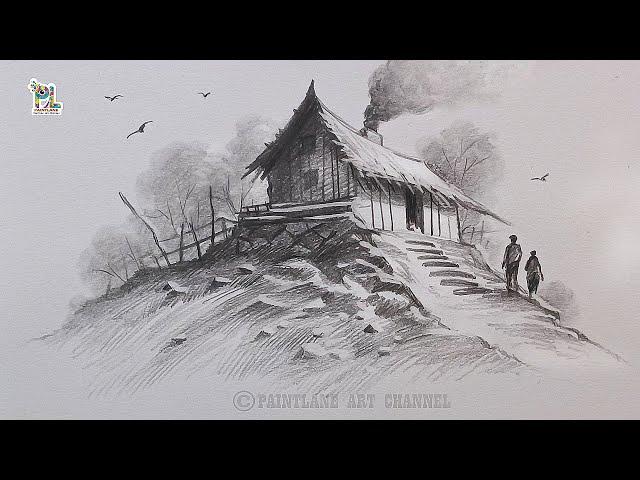 How to Draw Hut with Pencil sketch and shading