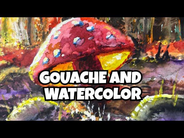 Painting A Bright Red Toadstool in Gouache and Watercolor