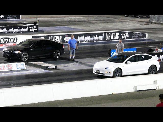 Black Audi S5 Sportback Vs. White Tesla Model 3 Long Range Drag Race - Las Vegas 6-2-2023 - 4K UHD