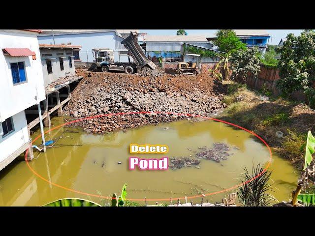 Amazing !! Pour Soil to Clear the pond Near The House Process By Bulldozer & 5 TON Trucks Loading