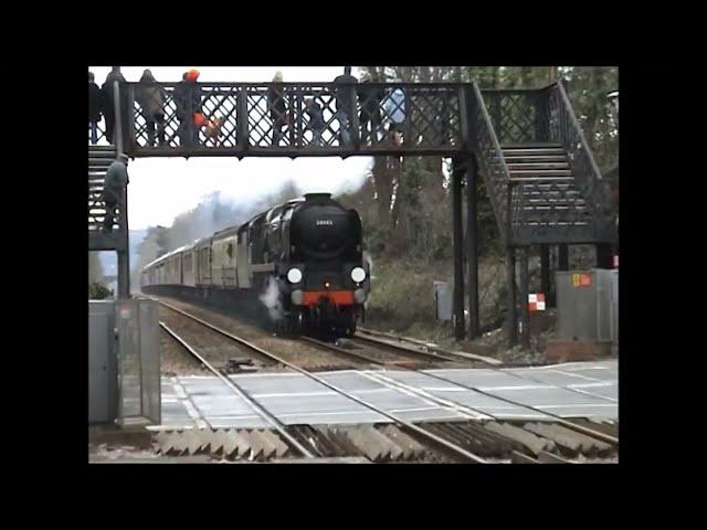 Steam thrash with whistle, Bulleid Pacific 34027 Taw Valley at speed as 34045 Ottery St Mary