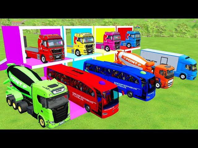 TRANSPORTING ALL COLORED MIXER CEMENT TRUCK & SCHOOL BUS WITH MAN TRUCK TO GARAGE- FS22