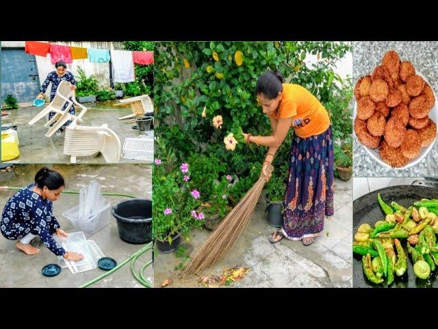 Indian housewife's cleaning routine  outdoor cleaning vlog  desi khasta sweet recipe