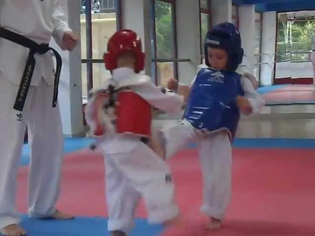 Taekwondo sparring of two 3-year boys