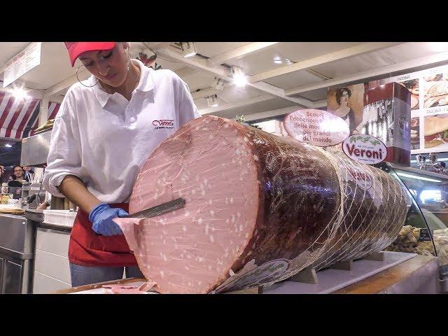 Italy Street Food. Biggest Mortadella in the World, Cheese, Ham, Salami, Piadine and More