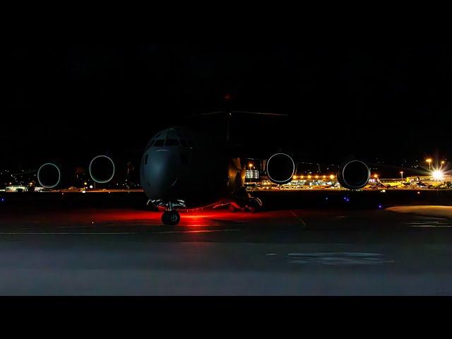 Boeing C17 Globemaster III of the USAF (Dover) Landing at Wellington at Night