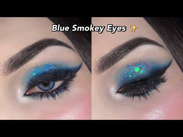 Blue Glitter Smokey Eye makeup tutorial for Beginners | Makeup for Navy Blue Dress 