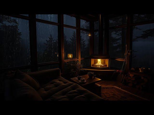 Cozy Room Ambience on Rain day with Rain drop on window and Cozy Fireplace to Sleep well