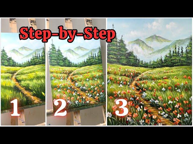 How to draw Easy landscape and flower painting / Step-by-Step