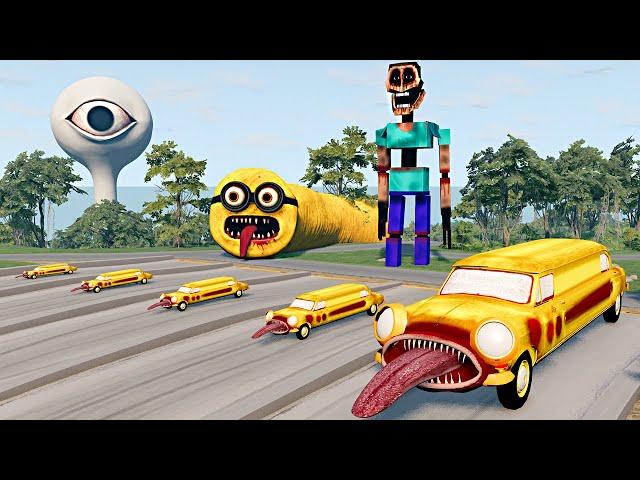 LONG Car Eater Cars vs Downhill Ramps with MINION EATER & MIMICER & WATER EYE TOWER – BeamNG.Drive