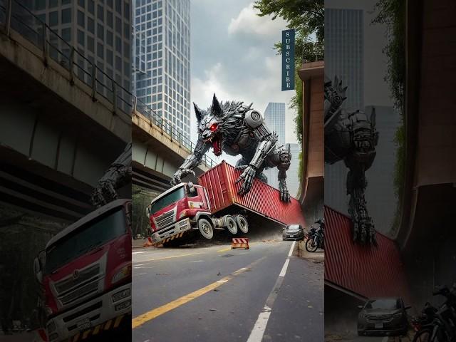 The playing cat looks like a wolf robot catching a container truck, then becomes a wolf robot truck