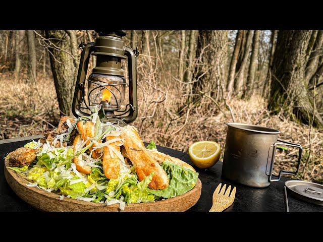 Bushcraft Cooking [CEASAR Salad über FEUER  ] ASMR , alone in the wood