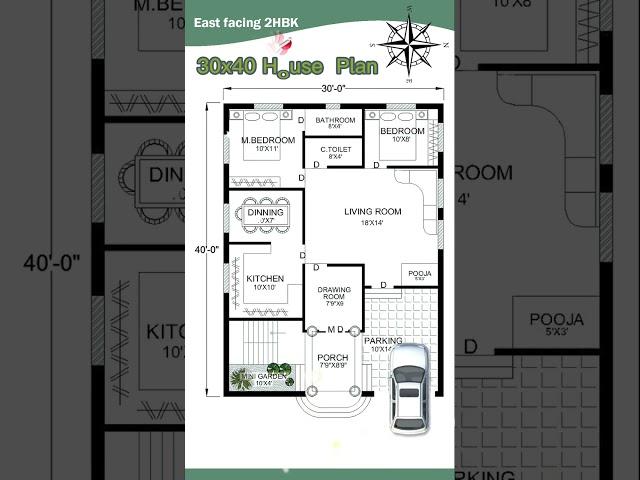 30’× 40’ house plan, 30 by 40 home plan, 30*40 house plan, East Facing 2BHK & Parking #floorplan