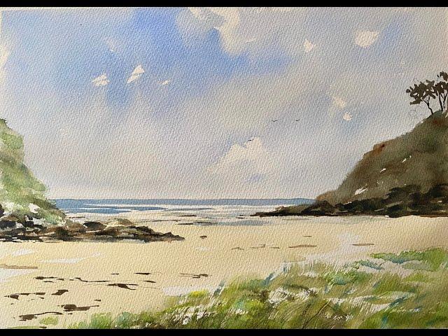 Simple BEGINNER'S Watercolour Devon Beach Seascape, Easy watercolor landscape painting tutorial demo