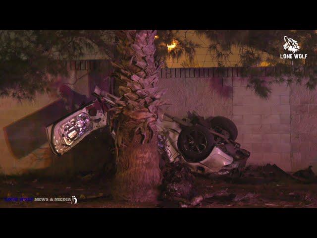 Speeding Car Wrapped Around Palm Tree, One Deceased.