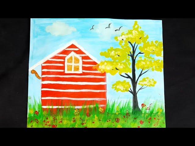 Simple acrylic painting for beginners| easy house and tree scenery in acrylic