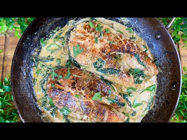 The BEST PAN FRIED SALMON With CREAMY GARLIC SAUCE