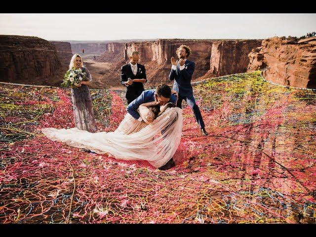 Wedding on pentagon space net in Moab, Utah.