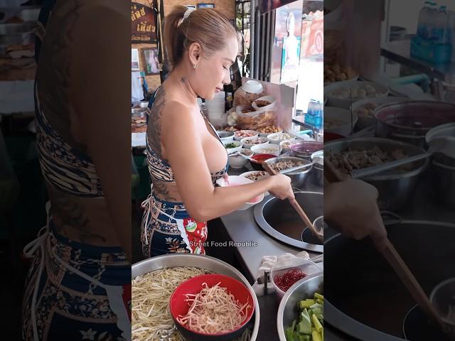 Beautiful Thai Lady Cooking Noodles -Thai Street Food