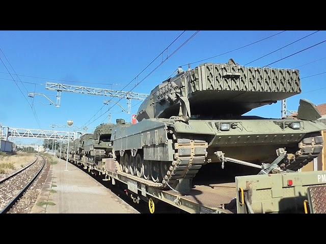 Renfe Mercancias - 333.328 con tren militar de tanques del ejercito de tierra en Zaragoza Casetas