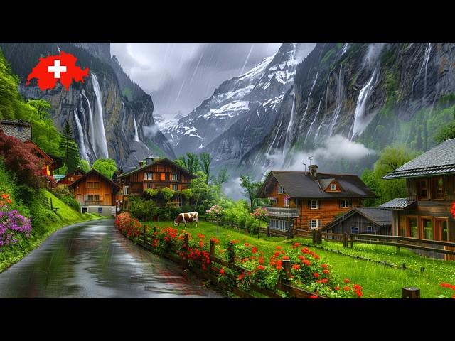 Switzerland's Most Beautiful Places on a Rainy Day  Wengen, Lauterbrunnen. Walking in the Rain 4K