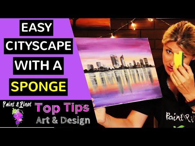 A great way to make cityscape painting easy using a sponge - acrylic painting