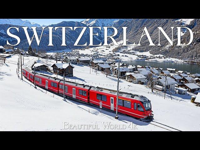 Switzerland 4K – Winter Wonderland on Scenic Train Journeys Through the Alps - Relaxing Music