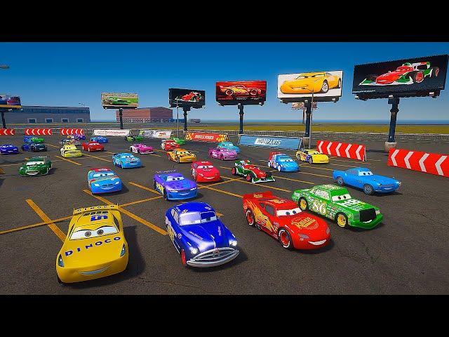 Pixar Cars Race in the Parking lot - McQueen vs Doc Hudson Cruz Ramirez Chick Hicks Finn McMissile
