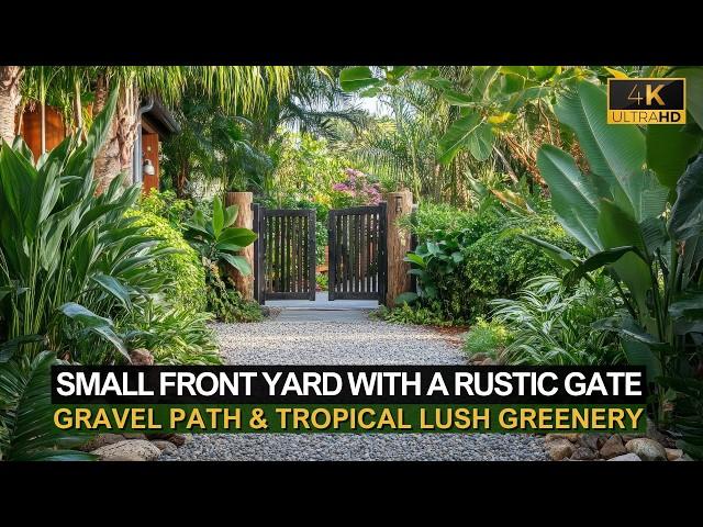 Transform Your Small Front Yard with a Rustic Gate, Gravel Path & Tropical Lush Greenery!