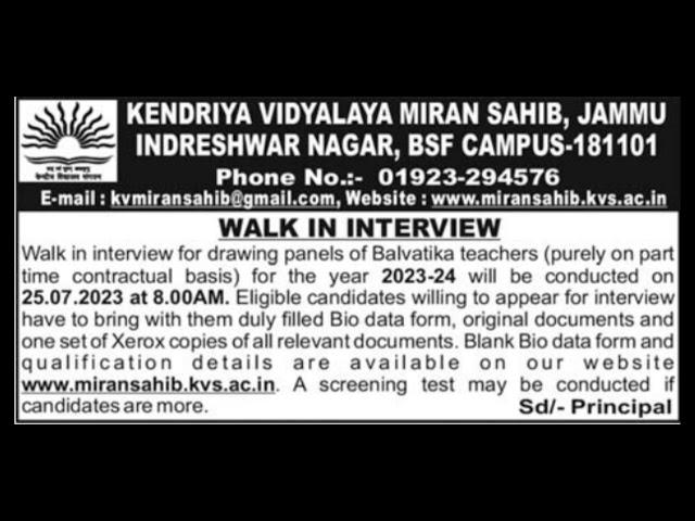 Jobs // KV Miransahib, Jammu // Balvatika Teachers