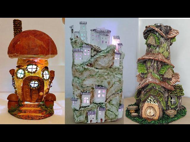 3 ideas Bottle Art and Glass Jar decoration. Fairy house lamp using paper rolls and cardboard