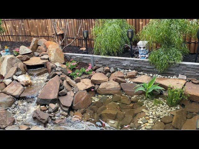 Backyard pond completed  Small waterfalls and goldfish swimming   It's amazing