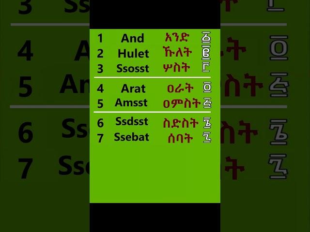 Die Zahlen 1 - 10 in äthiopisch-amharischer Sprache mit den korrekten amharischen Buchstaben