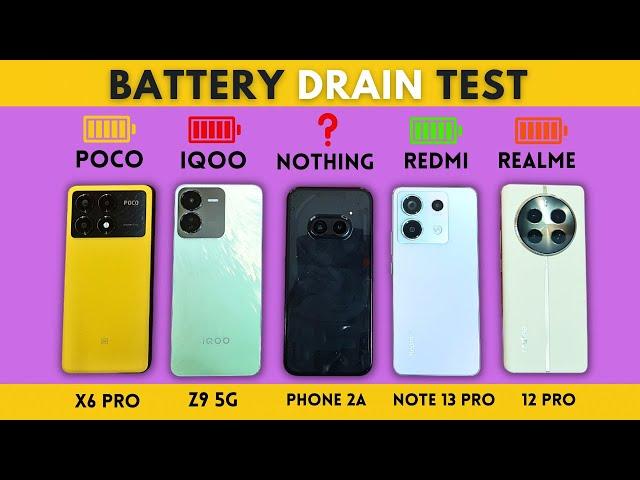 (5G) Battery Drain Test | Nothing Phone 2a vs iQOO Z9 vs POCO X6 Pro vs Note 13 Pro vs Realme 12 Pro