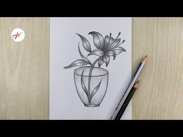 How to draw a beautiful flower in a jar | Pencil sketch drawing for beginners