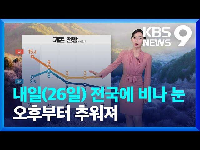 [날씨] 내일(26일) 전국에 비나 눈…오후부터 추워져 / KBS  2024.11.25.