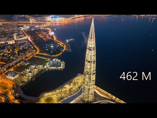 Lakhta Center 462 m. After sunset -- St. Petserburg [Drone 4K 60fps] Tallest building in Europe