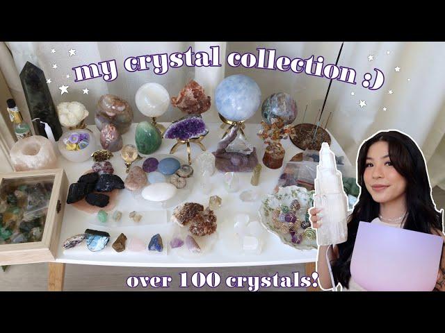 my crystal collection & their meanings  100+ pieces! (moldavite, malachite, rose quartz, + more)