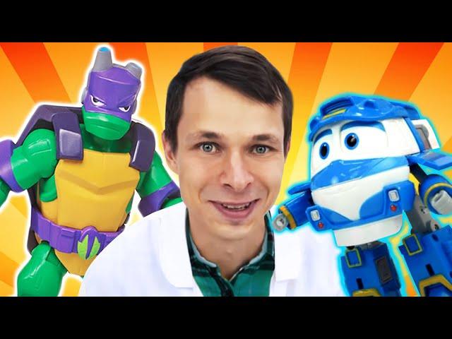 Видео про игры в больницу.Роботы Поезда и Черепашки Ниндзя Донателло в Мегаклинике@GulliverRu