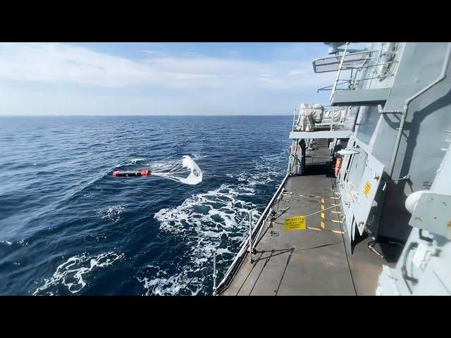 HMS Somerset fires Sting Ray anti submarine torpedo