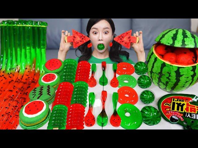 ENG SUB) Watermelon Desserts  Jelly & Macaron & Noodles Spoon Jelly Recipe Mukbang ASMR Ssoyoung
