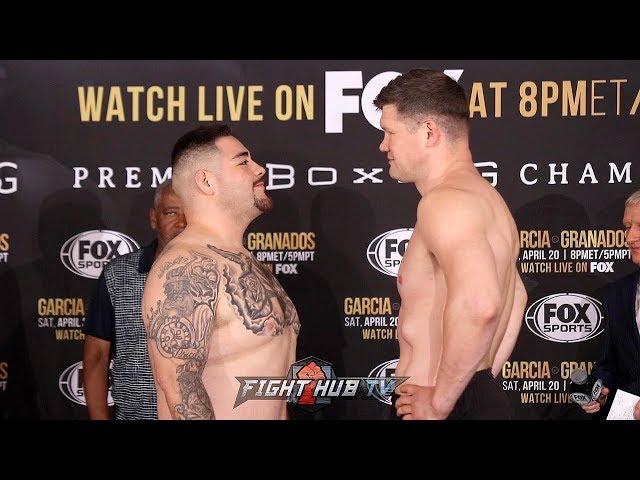 ALEXANDER DIMITRENKO DWARFS ANDY RUIZ JR DURING WEIGH IN FACE OFF - FULL WEIGH IN VIDEO