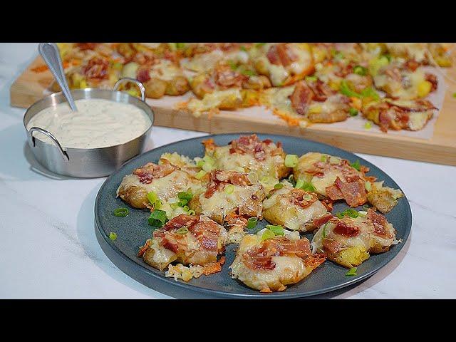 Loaded Smashed Potatoes with Cheddar, Bacon, and Creamy Dip