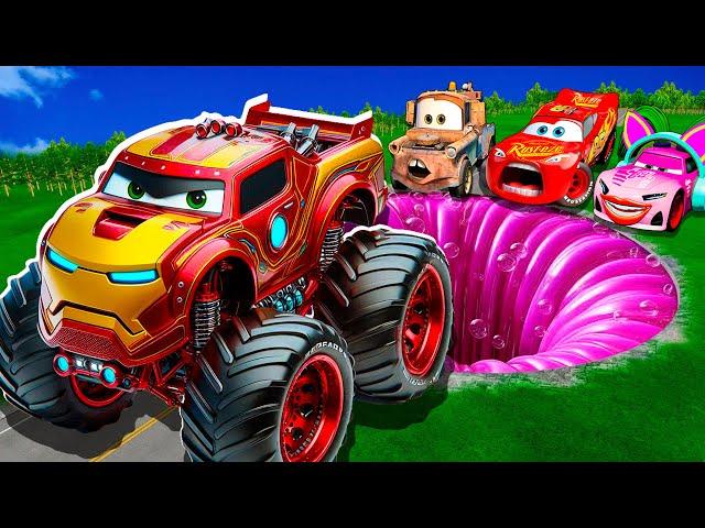 Purple Pit Transform In Iron Man Lightning McQueen & Big & Small Pixar Cars! Beam.NG Drive!