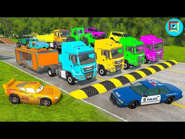 Quadruple Trucks Transporting cars with Flatbed Trailers | Cars vs Speedbump vs Train vs Pothole #19