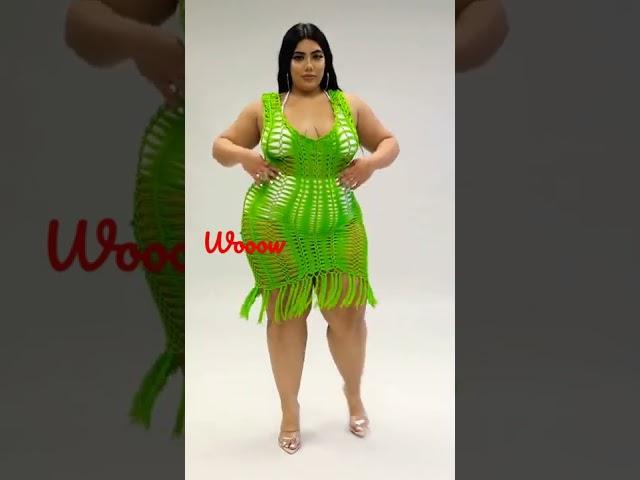 Glamorous  models lifestyle curvy woman in green waterfall style. plus size women beauty fashion.