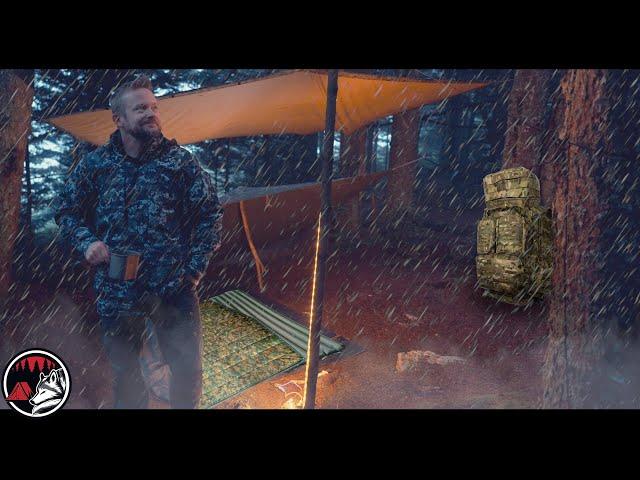 Tactical No Tent Cowboy Camp Under a Tarp in the Rain - ASMR STRONG Storm Adventure