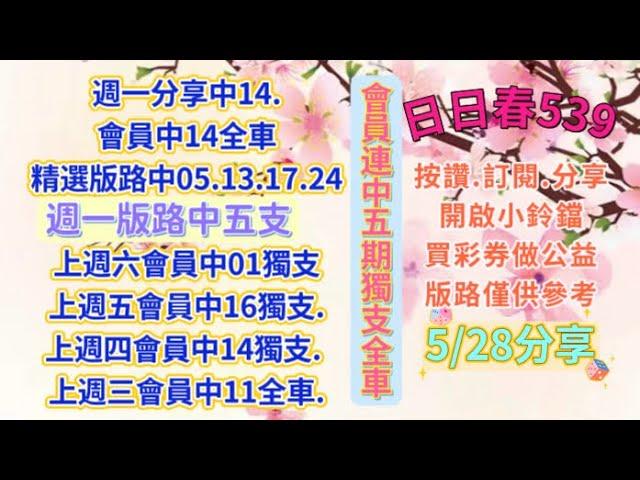 （5/29會員中01全車. 精選版路中07.09.20.32中5支版路)5/28（上期會員中14全車.會員連續中5期全車獨支)分享二中一（買彩劵做公益. 日日春539）