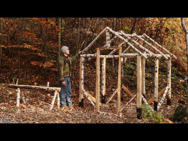 Warm Bushcraft House in the Forest. Shelter for Survival