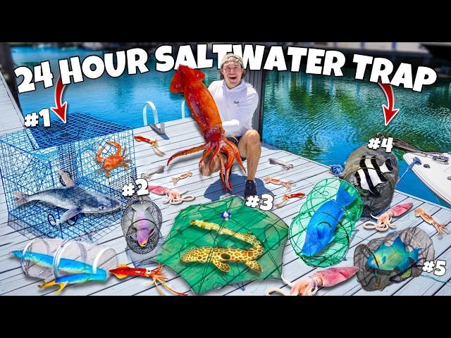 24 HOUR FISH TRAP Catches TONS of FISH For My SALTWATER POND! (Creepy SQUID)